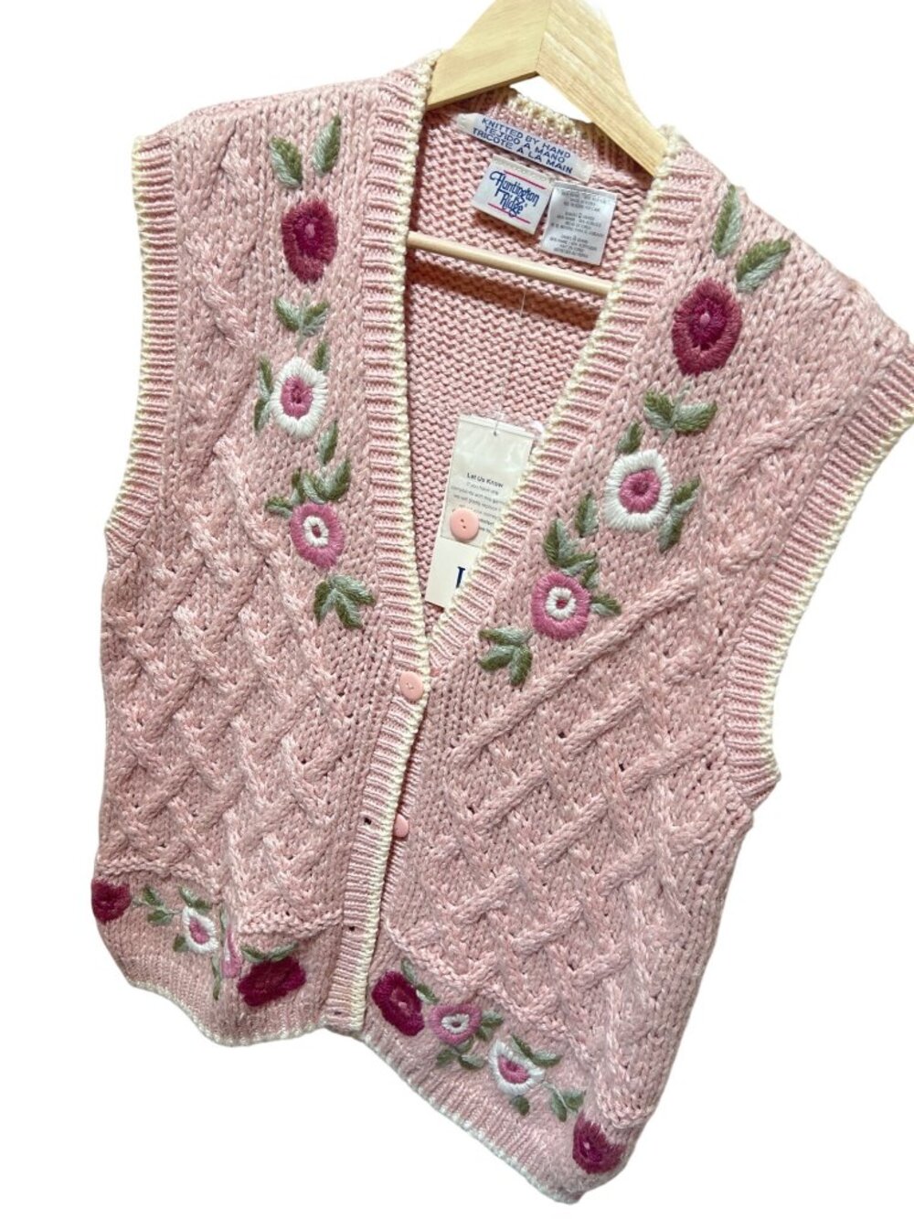 Huntington Ridge NWT Womens Pink Hand-Knitted Floral Embroidered Button-Up Sweat